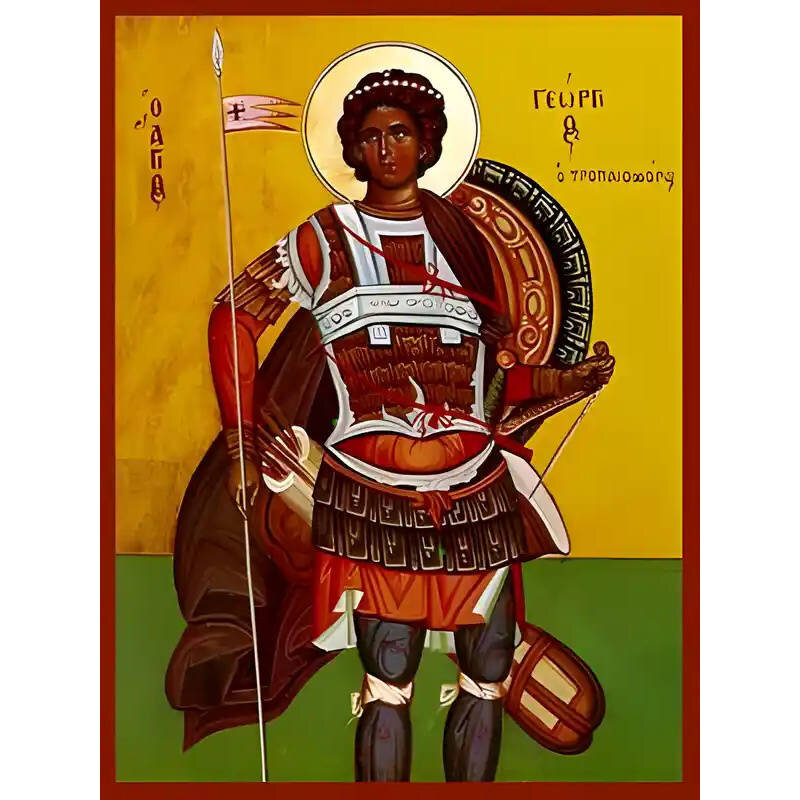 Εικόνα Ορθοδοξίας με περίγραμμα χρυσό σε ξύλο Φλαμουρίας  με  βάση Εικόνα ΑΓΙΟΣ ΓΕΩΡΓΙΟΣ Ο ΤΡΟΠΑΙΟΦΟΡΟΣ Χειροποίητη Ελληνορθόδοξη εικόνα του Ιησού Χριστού, Κρεμαστή πλάκα βυζαντινής τέχνης, χριστιανική τέχνη Διάσταση 40x30 cm (10,2x7,9 ίντσες)  INTRAEK-14