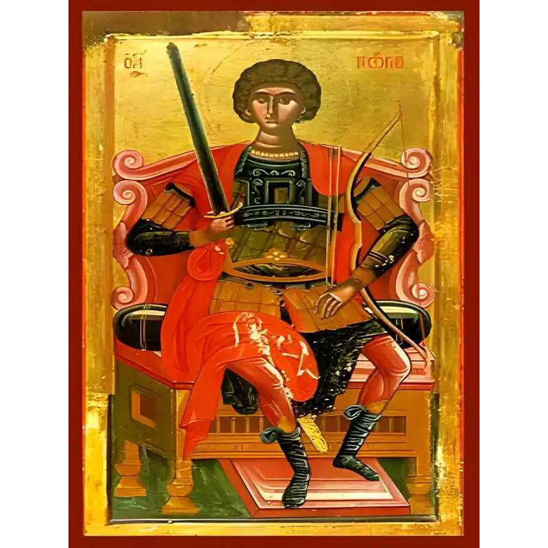 Εικόνα Ορθοδοξίας με περίγραμμα χρυσό σε ξύλο Φλαμουρίας  με  βάση Εικόνα ΑΓΙΟΣ ΓΕΩΡΓΙΟΣ Ο ΤΡΟΠΑΙΟΦΟΡΟΣ, ΕΝΘΡΟΝΟΣ Χειροποίητη Ελληνορθόδοξη εικόνα του Ιησού Χριστού, Κρεμαστή πλάκα βυζαντινής τέχνης, χριστιανική τέχνη Διάσταση 40x30 cm (10,2x7,9 ίντσες)