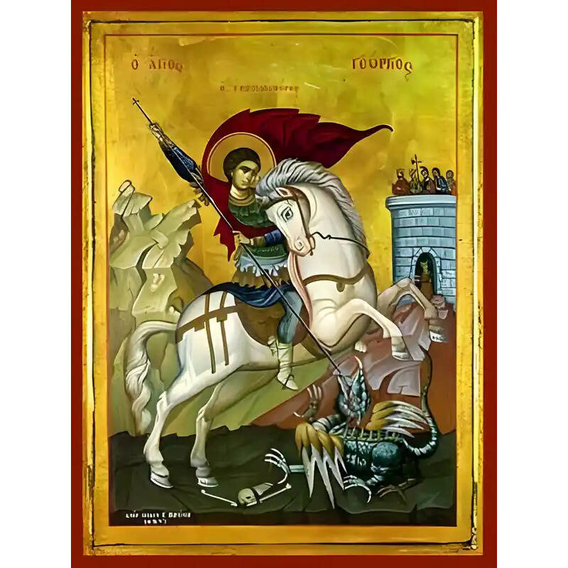 Εικόνα Ορθοδοξίας με περίγραμμα χρυσό σε ξύλο Φλαμουρίας  με  βάση Εικόνα ΑΓΙΟΣ ΓΕΩΡΓΙΟΣ Ο ΤΡΟΠΑΙΟΦΟΡΟΣ, ΕΦΙΠΠΟΣ Χειροποίητη Ελληνορθόδοξη εικόνα του Ιησού Χριστού, Κρεμαστή πλάκα βυζαντινής τέχνης, χριστιανική τέχνη Διάσταση 40x30 cm (10,2x7,9 ίντσες)  I