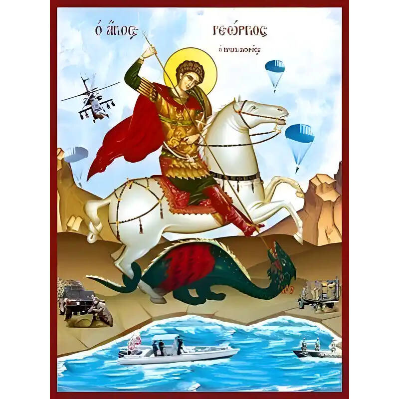 Εικόνα Ορθοδοξίας με περίγραμμα χρυσό σε ξύλο Φλαμουρίας  με  βάση Εικόνα ΑΓΙΟΣ ΓΕΩΡΓΙΟΣ Ο ΤΡΟΠΑΙΟΦΟΡΟΣ, ΕΦΙΠΠΟΣ, ΠΡΟΣΤΑΤΗΣ ΤΟΥ ΠΕΖΙΚΟΥ Χειροποίητη Ελληνορθόδοξη εικόνα του Ιησού Χριστού, Κρεμαστή πλάκα βυζαντινής τέχνης, χριστιανική τέχνη Διάσταση 40x30