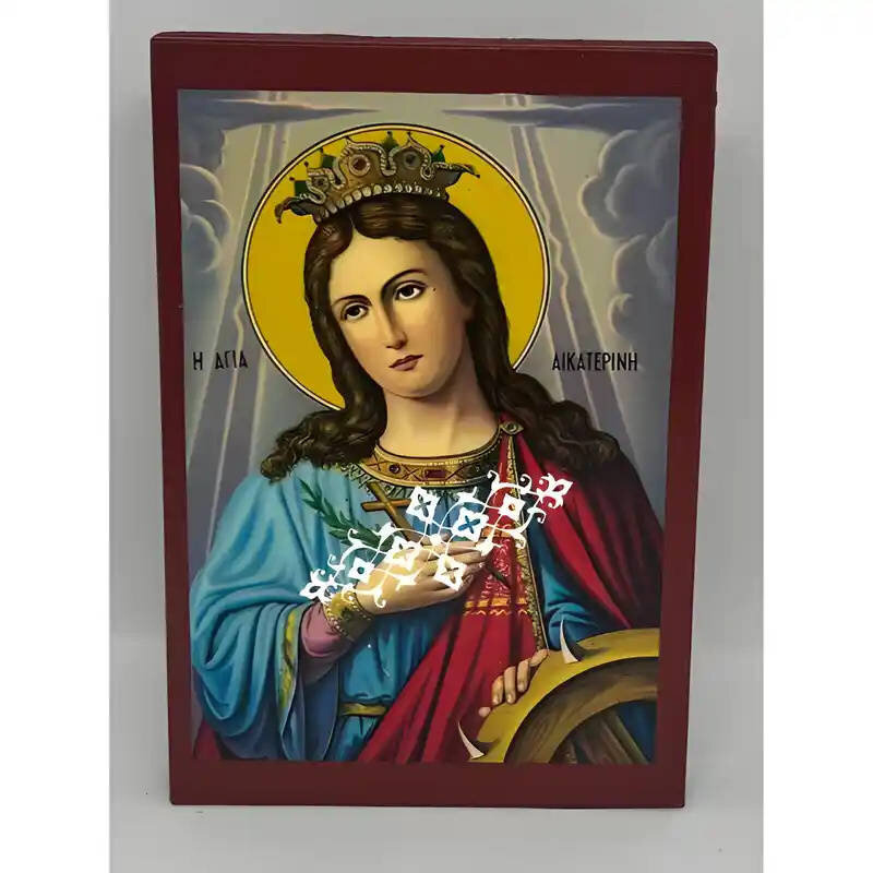Σετ των 2 Εικόνα Ορθοδοξίας με περίγραμμα χρυσό σε ξύλο Φλαμουρίας  με  βάση Εικόνα Αγία Αικατερίνη Χειροποίητη Ελληνορθόδοξη , Κρεμαστή πλάκα βυζαντινής τέχνης, χριστιανική τέχνη Διάσταση 10x7 cm (3,9 x 2,8 ίντσες) INTRAEK-670707