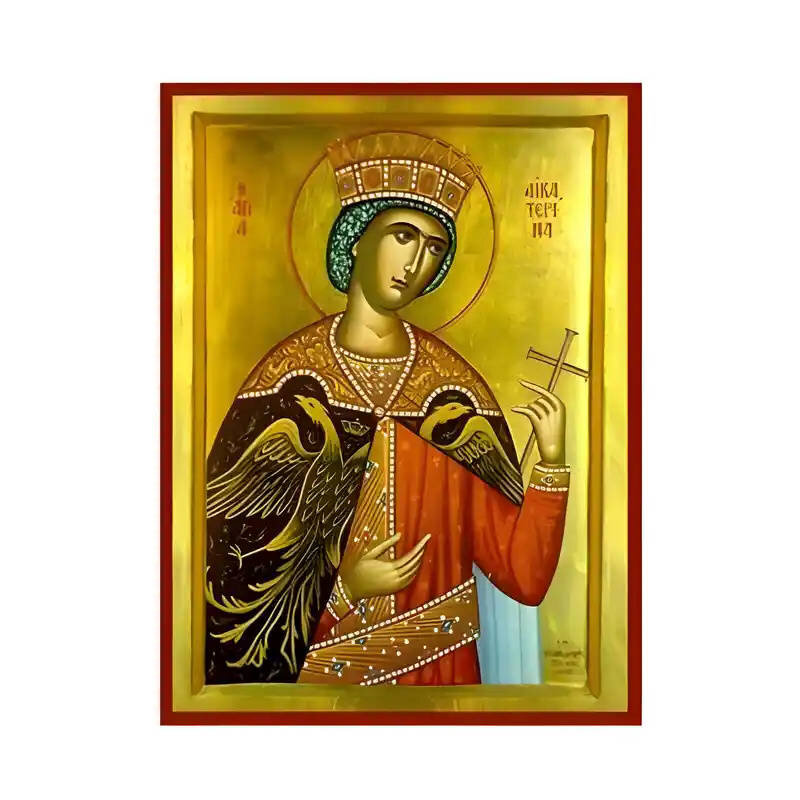 Σετ των 2 Εικόνα Ορθοδοξίας με περίγραμμα χρυσό σε ξύλο Φλαμουρίας  με  βάση Εικόνα Αγία Αικατερίνη Χειροποίητη Ελληνορθόδοξη , Κρεμαστή πλάκα βυζαντινής τέχνης, χριστιανική τέχνη Διάσταση 10x7 cm (3,9 x 2,8 ίντσες) INTRAEK-670702