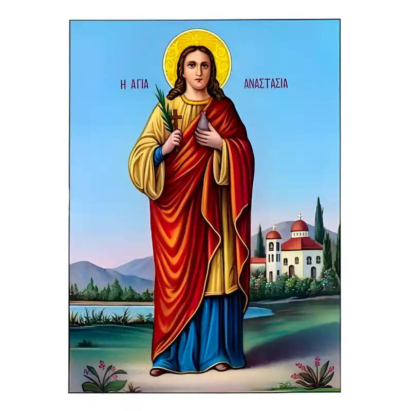 Σετ των 2 Εικόνα Ορθοδοξίας με περίγραμμα χρυσό σε ξύλο Φλαμουρίας  με  βάση Εικόνα Αγία Αναστασία Φαρμακολύτρια Χειροποίητη Ελληνορθόδοξη , Κρεμαστή πλάκα βυζαντινής τέχνης, χριστιανική τέχνη Διάσταση 10x7 cm (3,9 x 2,8 ίντσες) INTRAEK-670686