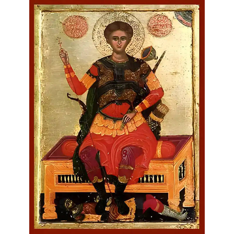 Εικόνα Ορθοδοξίας με περίγραμμα χρυσό σε ξύλο Φλαμουρίας  με  βάση Εικόνα ΑΓΙΟΣ ΔΗΜΗΤΡΙΟΣ, Ο ΜΥΡΟΒΛΥΤΗΣ, ΕΝΘΡΟΝΟΣ Χειροποίητη Ελληνορθόδοξη εικόνα του Ιησού Χριστού, Κρεμαστή πλάκα βυζαντινής τέχνης, χριστιανική τέχνη Διάσταση 40x30 cm (10,2x7,9 ίντσες)