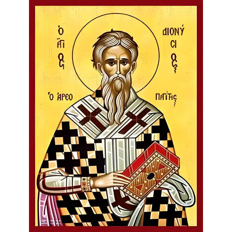 Εικόνα Ορθοδοξίας με περίγραμμα χρυσό σε ξύλο Φλαμουρίας  με  βάση Εικόνα ΑΓΙΟΣ ΔΙΟΝΥΣΙΟΣ ΙΕΡΟΜΑΡΤΥΣ, Ο ΑΡΕΟΠΑΓΙΤΗΣ Χειροποίητη Ελληνορθόδοξη εικόνα του Ιησού Χριστού, Κρεμαστή πλάκα βυζαντινής τέχνης, χριστιανική τέχνη Διάσταση 40x30 cm (10,2x7,9 ίντσες)