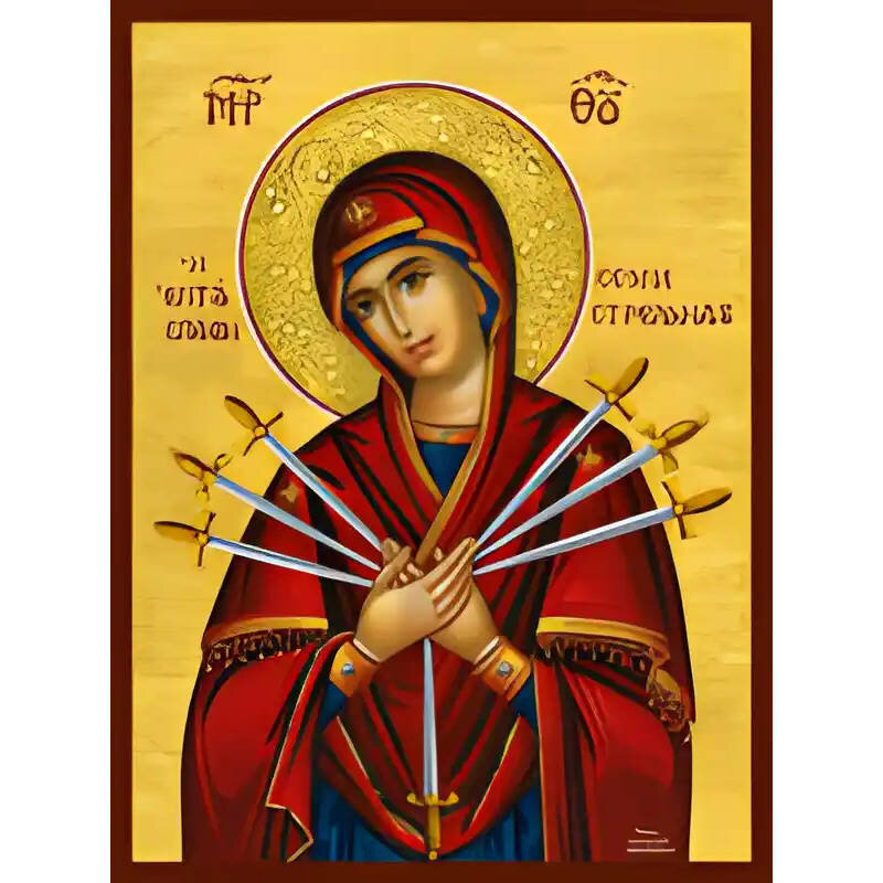 Σετ των 2 Εικόνα Ορθοδοξίας με περίγραμμα χρυσό σε ξύλο Φλαμουρίας  με  βάση Εικόνα ΠΑΝΑΓΙΑ, Η ΕΠΤΑΣΠΑΘΗ Χειροποίητη Ελληνορθόδοξη εικόνα του Ιησού Χριστού, Κρεμαστή πλάκα βυζαντινής τέχνης, χριστιανική τέχνη Διάσταση 15x11 cm (5,9x4,3 ίντσες)  INTRAEK-33