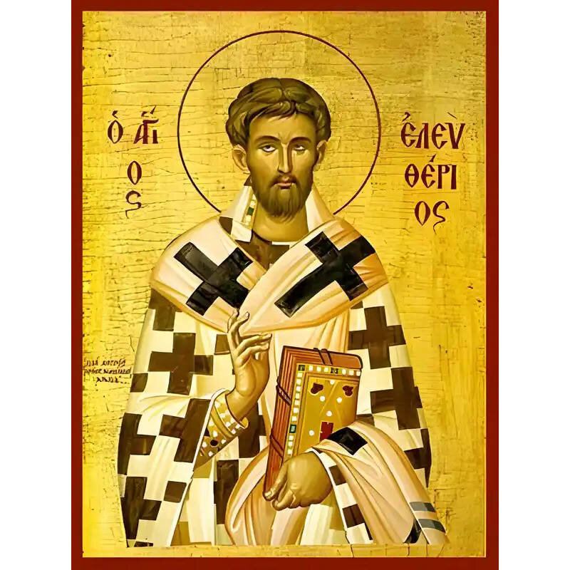 Εικόνα Ορθοδοξίας με περίγραμμα χρυσό σε ξύλο Φλαμουρίας  με  βάση Εικόνα ΑΓΙΟΣ ΕΛΕΥΘΕΡΙΟΣ, ΙΕΡΟΜΑΡΤΥΣ, ΕΠΙΣΚΟΠΟΣ ΙΛΛΥΡΙΚΟΥ Χειροποίητη Ελληνορθόδοξη εικόνα του Ιησού Χριστού, Κρεμαστή πλάκα βυζαντινής τέχνης, χριστιανική τέχνη Διάσταση 40x30 cm (10,2x7,9