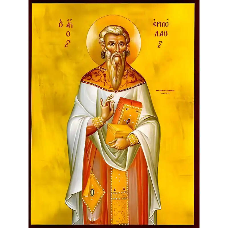 Εικόνα Ορθοδοξίας με περίγραμμα χρυσό σε ξύλο Φλαμουρίας  με  βάση Εικόνα ΑΓΙΟΣ ΕΡΜΟΛΑΟΣ, ΙΕΡΟΜΑΡΤΥΣ Χειροποίητη Ελληνορθόδοξη εικόνα του Ιησού Χριστού, Κρεμαστή πλάκα βυζαντινής τέχνης, χριστιανική τέχνη Διάσταση 40x30 cm (10,2x7,9 ίντσες)  INTRAEK-14477