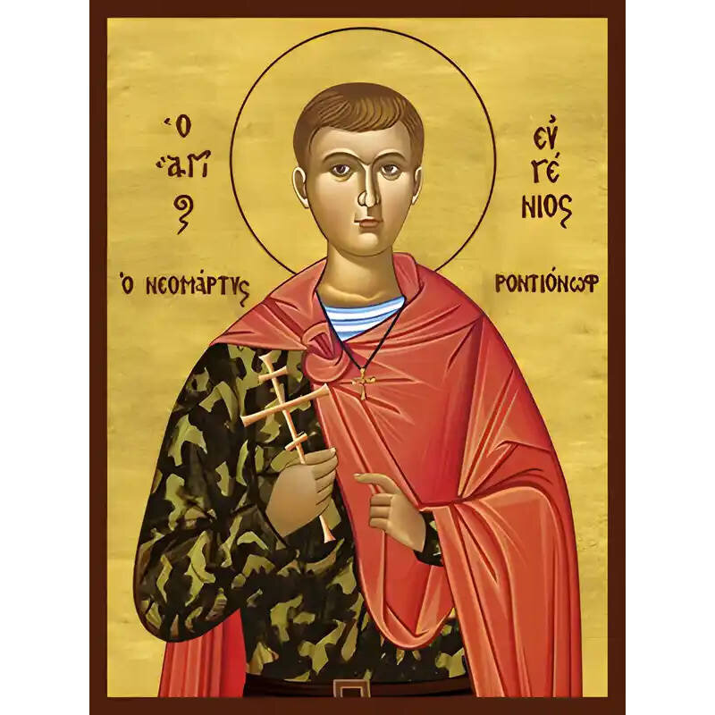 Εικόνα Ορθοδοξίας με περίγραμμα χρυσό σε ξύλο Φλαμουρίας  με  βάση Εικόνα ΑΓΙΟΣ ΕΥΓΕΝΙΟΣ ΡΟΝΤΙΟΝΩΦ, ΝΕΟΜΑΡΤΥΣ Χειροποίητη Ελληνορθόδοξη εικόνα του Ιησού Χριστού, Κρεμαστή πλάκα βυζαντινής τέχνης, χριστιανική τέχνη Διάσταση 40x30 cm (10,2x7,9 ίντσες)  INTR