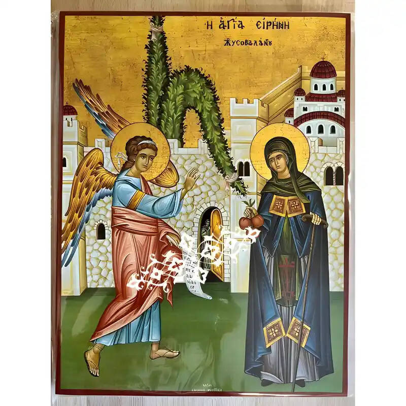 Σετ των 2 Εικόνα Ορθοδοξίας με περίγραμμα χρυσό σε ξύλο Φλαμουρίας  με  βάση Εικόνα Αγία Ειρήνη Χρυσοβαλάντου Χειροποίητη Ελληνορθόδοξη , Κρεμαστή πλάκα βυζαντινής τέχνης, χριστιανική τέχνη Διάσταση 10x7 cm (3,9 x 2,8 ίντσες) INTRAEK-670649