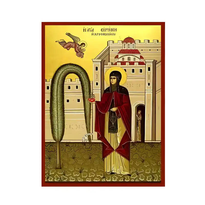 Σετ των 2 Εικόνα Ορθοδοξίας με περίγραμμα χρυσό σε ξύλο Φλαμουρίας  με  βάση Εικόνα Αγία Ειρήνη Χρυσοβαλάντου Χειροποίητη Ελληνορθόδοξη , Κρεμαστή πλάκα βυζαντινής τέχνης, χριστιανική τέχνη Διάσταση 10x7 cm (3,9 x 2,8 ίντσες) INTRAEK-670647