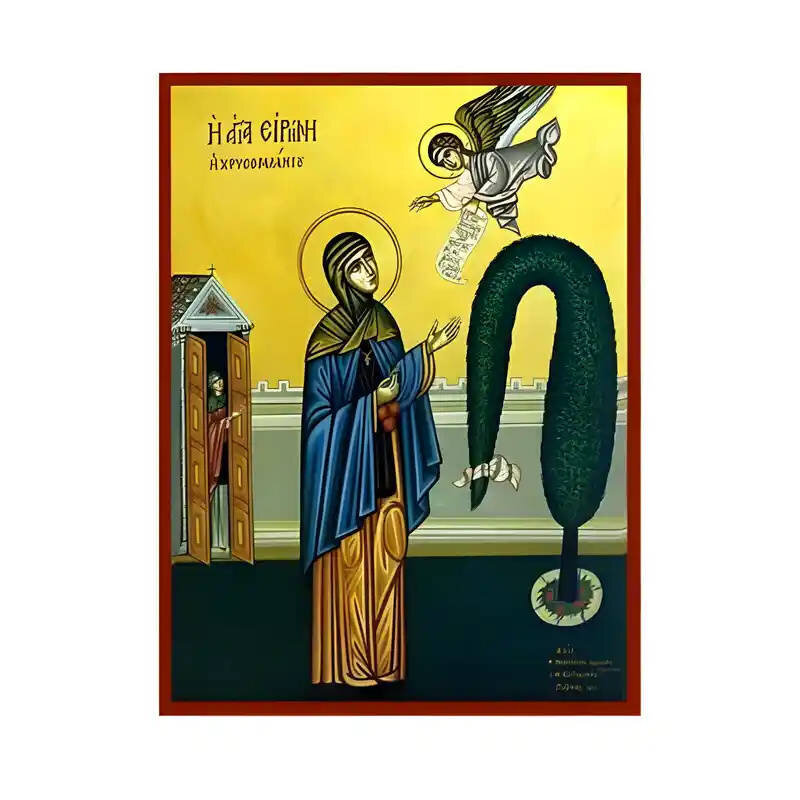 Σετ των 2 Εικόνα Ορθοδοξίας με περίγραμμα χρυσό σε ξύλο Φλαμουρίας  με  βάση Εικόνα Αγία Ειρήνη Χρυσοβαλάντου Χειροποίητη Ελληνορθόδοξη , Κρεμαστή πλάκα βυζαντινής τέχνης, χριστιανική τέχνη Διάσταση 10x7 cm (3,9 x 2,8 ίντσες) INTRAEK-670646