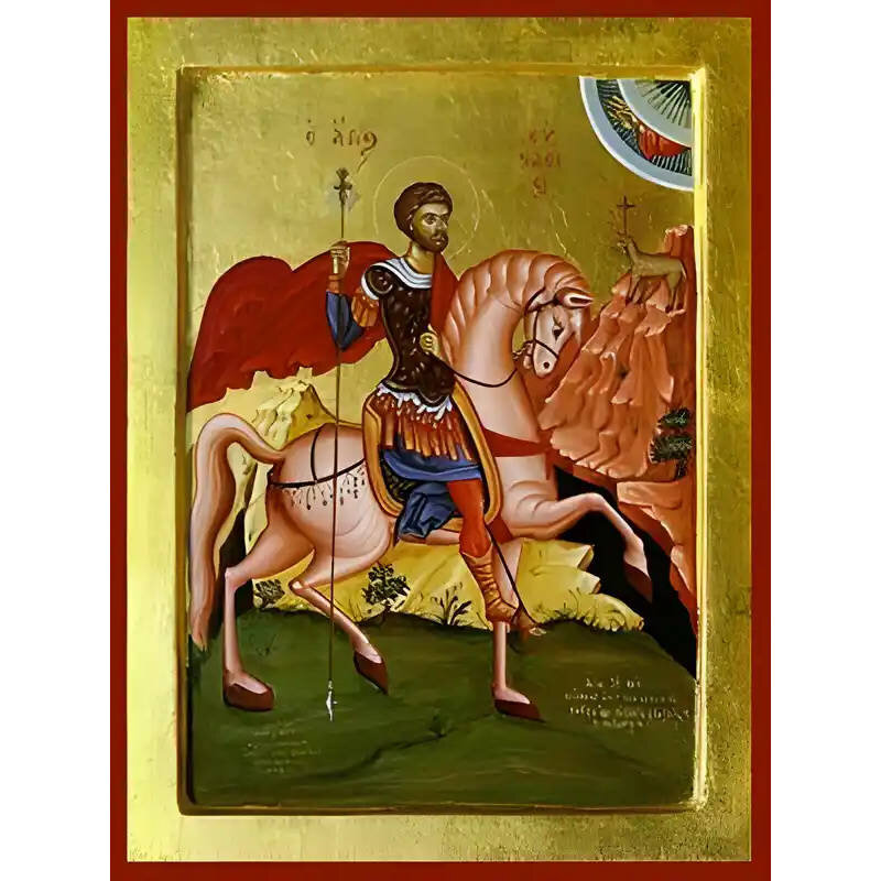 Εικόνα Ορθοδοξίας με περίγραμμα χρυσό σε ξύλο Φλαμουρίας  με  βάση Εικόνα ΑΓΙΟΣ ΕΥΣΤΑΘΙΟΣ ΠΛΑΚΙΔΑΣ, Ο ΜΕΓΑΛΟΜΑΡΤΥΣ, ΕΦΙΠΠΟΣ Χειροποίητη Ελληνορθόδοξη εικόνα του Ιησού Χριστού, Κρεμαστή πλάκα βυζαντινής τέχνης, χριστιανική τέχνη Διάσταση 40x30 cm (10,2x7,9