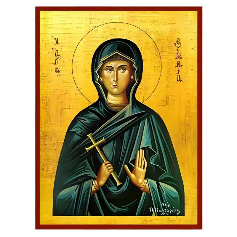 Σετ των 2 Εικόνα Ορθοδοξίας με περίγραμμα χρυσό σε ξύλο Φλαμουρίας  με  βάση Εικόνα Αγία Ευγενία Χειροποίητη Ελληνορθόδοξη , Κρεμαστή πλάκα βυζαντινής τέχνης, χριστιανική τέχνη Διάσταση 10x7 cm (3,9 x 2,8 ίντσες) INTRAEK-670635