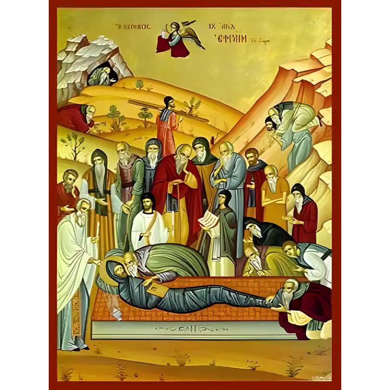 Εικόνα Ορθοδοξίας με περίγραμμα χρυσό σε ξύλο Φλαμουρίας  με  βάση Εικόνα ΑΓΙΟΣ ΕΦΡΑΙΜ Ο ΣΥΡΟΣ, Η ΚΟΙΜΗΣΙΣ Χειροποίητη Ελληνορθόδοξη εικόνα του Ιησού Χριστού, Κρεμαστή πλάκα βυζαντινής τέχνης, χριστιανική τέχνη Διάσταση 40x30 cm (10,2x7,9 ίντσες)  INTRAEK