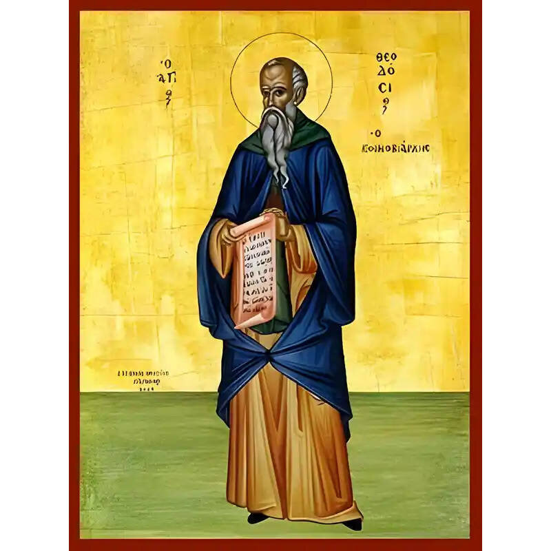 Εικόνα Ορθοδοξίας με περίγραμμα χρυσό σε ξύλο Φλαμουρίας  με  βάση Εικόνα ΑΓΙΟΣ ΘΕΟΔΟΣΙΟΣ, Ο ΚΟΙΝΟΒΙΑΡΧΗΣ, ΟΛΟΣΩΜΟΣ Χειροποίητη Ελληνορθόδοξη εικόνα του Ιησού Χριστού, Κρεμαστή πλάκα βυζαντινής τέχνης, χριστιανική τέχνη Διάσταση 40x30 cm (10,2x7,9 ίντσες)