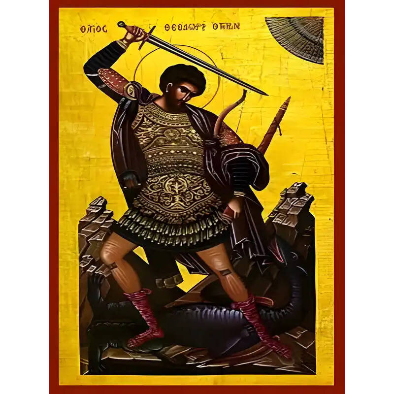 Εικόνα Ορθοδοξίας με περίγραμμα χρυσό σε ξύλο Φλαμουρίας  με  βάση Εικόνα ΑΓΙΟΣ ΘΕΟΔΩΡΟΣ Ο ΜΕΓΑΛΟΜΑΡΤΥΣ, ΤΗΡΩΝ, ΟΛΟΣΩΜΟΣ Χειροποίητη Ελληνορθόδοξη εικόνα του Ιησού Χριστού, Κρεμαστή πλάκα βυζαντινής τέχνης, χριστιανική τέχνη Διάσταση 40x30 cm (10,2x7,9 ίν