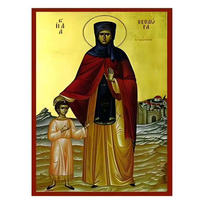 Σετ των 2 Εικόνα Ορθοδοξίας με περίγραμμα χρυσό σε ξύλο Φλαμουρίας  με  βάση Εικόνα Αγία Θεοδώρα Αλεξανδρείας Χειροποίητη Ελληνορθόδοξη , Κρεμαστή πλάκα βυζαντινής τέχνης, χριστιανική τέχνη Διάσταση 10x7 cm (3,9 x 2,8 ίντσες) INTRAEK-670618