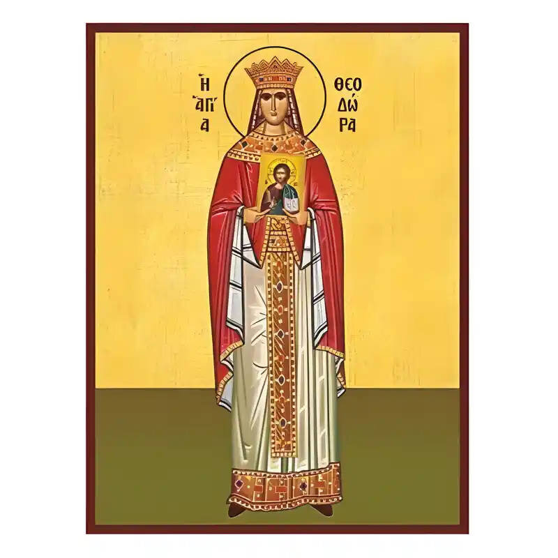 Σετ των 2 Εικόνα Ορθοδοξίας με περίγραμμα χρυσό σε ξύλο Φλαμουρίας  με  βάση Εικόνα Αγία Θεοδώρα η Αυγούστα Χειροποίητη Ελληνορθόδοξη , Κρεμαστή πλάκα βυζαντινής τέχνης, χριστιανική τέχνη Διάσταση 10x7 cm (3,9 x 2,8 ίντσες) INTRAEK-670613