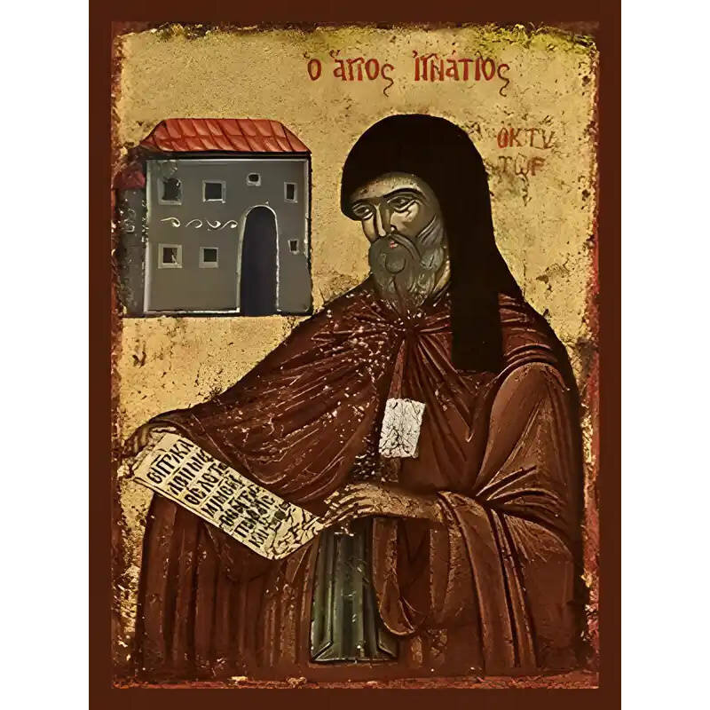 Εικόνα Ορθοδοξίας με περίγραμμα χρυσό σε ξύλο Φλαμουρίας  με  βάση Εικόνα ΑΓΙΟΣ ΙΓΝΑΤΙΟΣ ΑΓΑΛΛΙΑΝΟΣ Ο ΘΑΥΜΑΤΟΥΡΓΟΣ, ΑΡΧΙΕΠΙΣΚΟΠΟΣ ΜΗΘΥΜΝΗΣ Χειροποίητη Ελληνορθόδοξη εικόνα του Ιησού Χριστού, Κρεμαστή πλάκα βυζαντινής τέχνης, χριστιανική τέχνη Διάσταση 40x