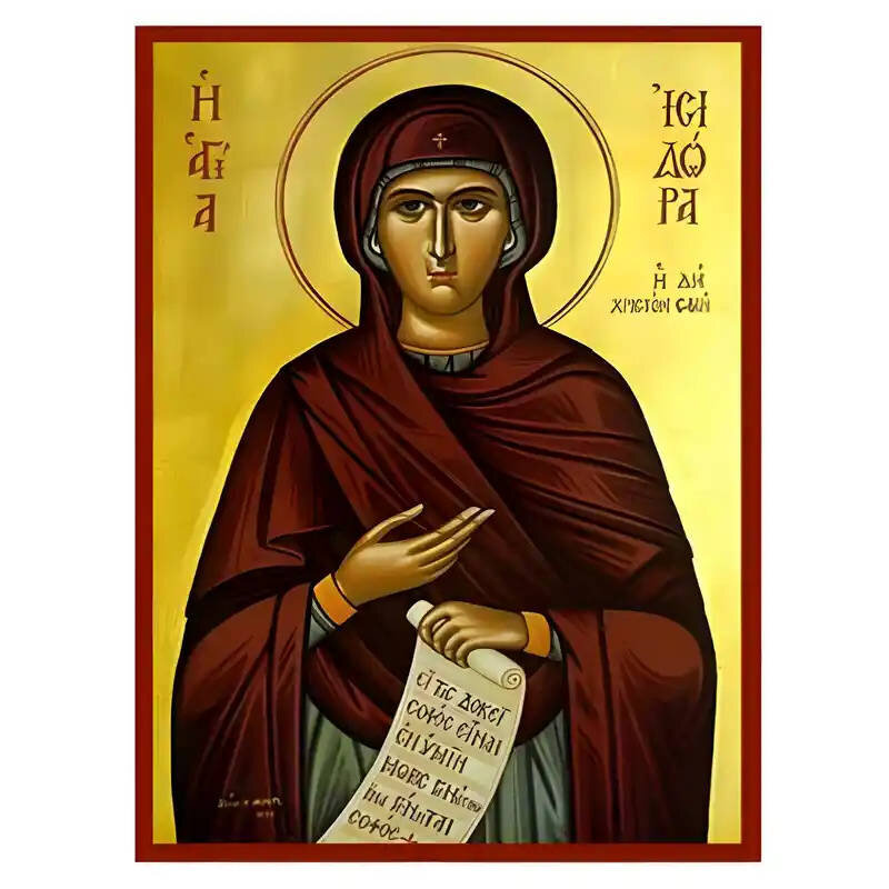 Σετ των 2 Εικόνα Ορθοδοξίας με περίγραμμα χρυσό σε ξύλο Φλαμουρίας  με  βάση Εικόνα Αγία Ισιδώρα Χειροποίητη Ελληνορθόδοξη , Κρεμαστή πλάκα βυζαντινής τέχνης, χριστιανική τέχνη Διάσταση 10x7 cm (3,9 x 2,8 ίντσες) INTRAEK-670605