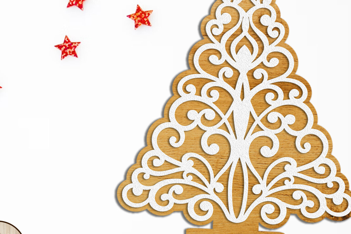 Σετ των 2 Intra απο ξύλο plywood  Χρώμα wenge 3mm-4mm πάχος - Χριστουγεννιάτικο δέντρο διακοσμημένο κομμένο βάσης Δίασταση 6x7 cm INTRAFABR-103036727