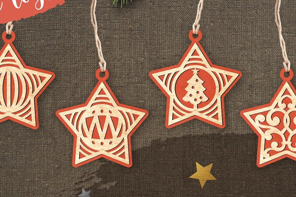 Σετ των 2 Intra απο ξύλο plywood  Χρώμα wenge 3mm-4mm πάχος - Χριστουγεννιάτικο Δέντρο Παιχνίδια Αστέρια / Δίασταση 6x6 cm INTRAFABR-103636139