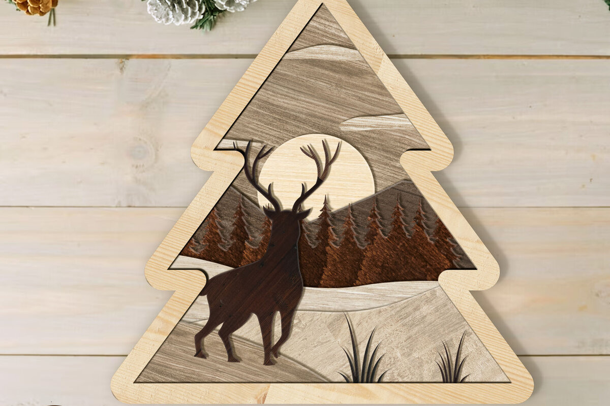 Σετ των 2 Intra απο ξύλο plywood  Χρώμα wenge 3mm-4mm πάχος - Πρότυπο χειμερινής κοπής λέιζερ Χριστουγεννιάτικου δέντρου Δίασταση 5x8 cm INTRAFABR-74886502