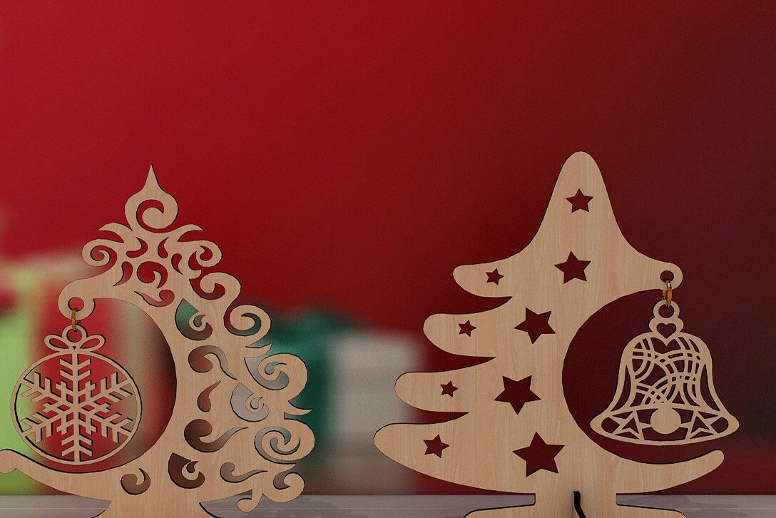 Intra απο ξύλο plywood  Χρώμα wenge 3mm-4mm πάχος - Χριστουγεννιάτικο δέντρο με μοτίβο διακόσμηση Δίασταση 30x20 cm INTRAFABR-74886590