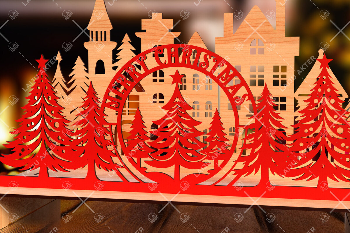 Σετ των 2 Intra απο ξύλο plywood  Χρώμα wenge 3mm-4mm πάχος - Χριστουγεννιάτικο χωριό Scene Δίασταση 15x15 cm INTRAFABR-105340459