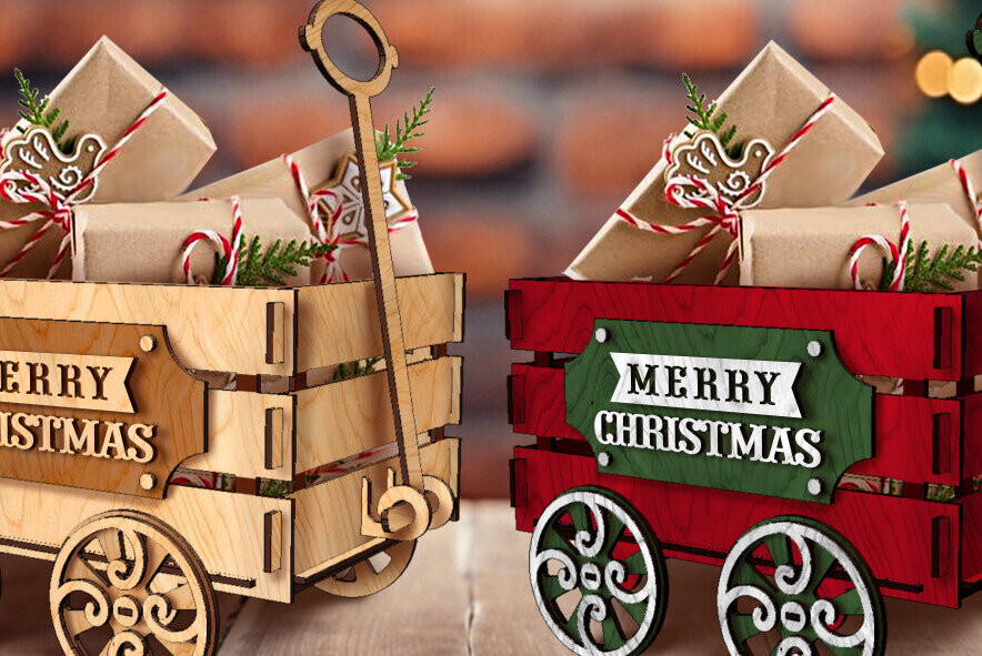 Σετ των 2 Intra απο ξύλο plywood  Χρώμα wenge 3mm-4mm πάχος - Christmas Wagon | για Laser και Cut Δίασταση 15x15 cm INTRAFABR-105340588