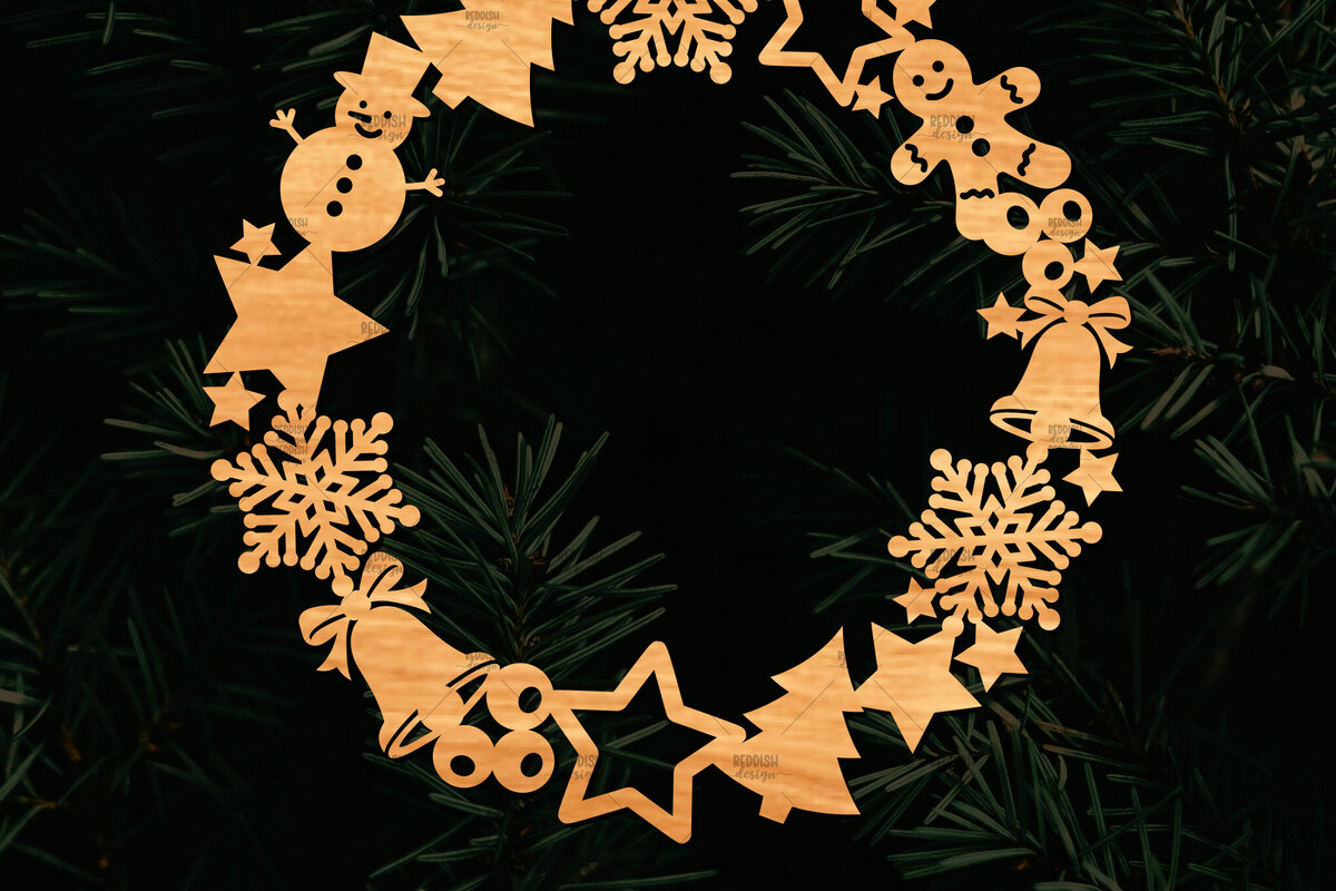 Intra απο ξύλο plywood  Χρώμα wenge 3mm-4mm πάχος - Χριστουγεννιάτικο στεφάνι τρισδιάστατο με λέιζερ Δίασταση 20x20 cm INTRAFABR-52453408