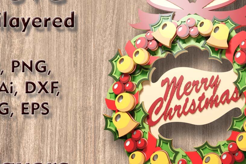 Σετ των 2 Intra απο ξύλο plywood  Χρώμα wenge 3mm-4mm πάχος - Χριστουγεννιάτικο στεφάνι 3D Πολυεπίπεδα Αρχεία Δίασταση 8x9 cm INTRAFABR-35001769