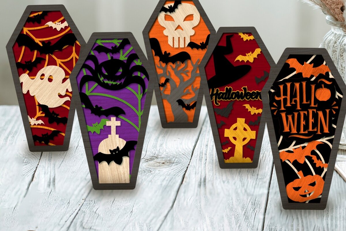 Σετ των 2 Intra απο ξύλο plywood  Χρώμα wenge 3mm-4mm πάχος - κοπής με λέιζερ σε πακέτο COFFIN HALLOWEEN Δίασταση 7x12 cm INTRAFABR-116007630