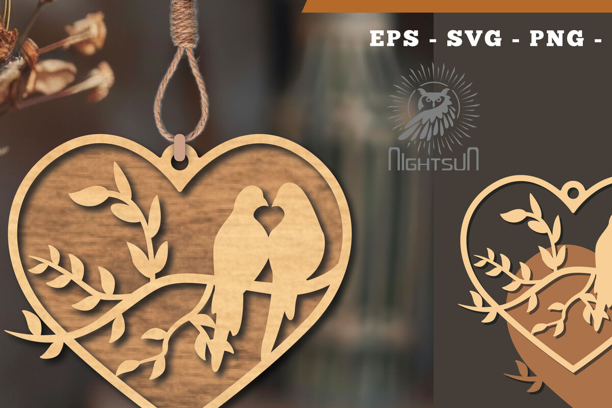 Σετ των 2 Intra απο ξύλο plywood  Χρώμα wenge 3mm-4mm πάχος - Στολίδι κοπής με λέιζερ Couple Birds 1 Δίασταση 6x6 cm INTRAFABR-29626588