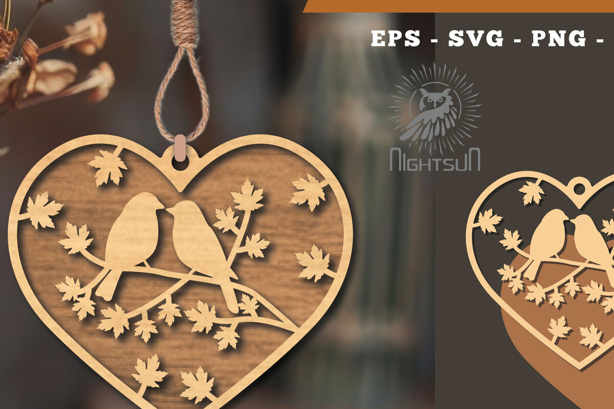 Σετ των 2 Intra απο ξύλο plywood  Χρώμα wenge 3mm-4mm πάχος - Στολίδι κοπής με λέιζερ Couple Birds 3 Δίασταση 6x6 cm INTRAFABR-29592402