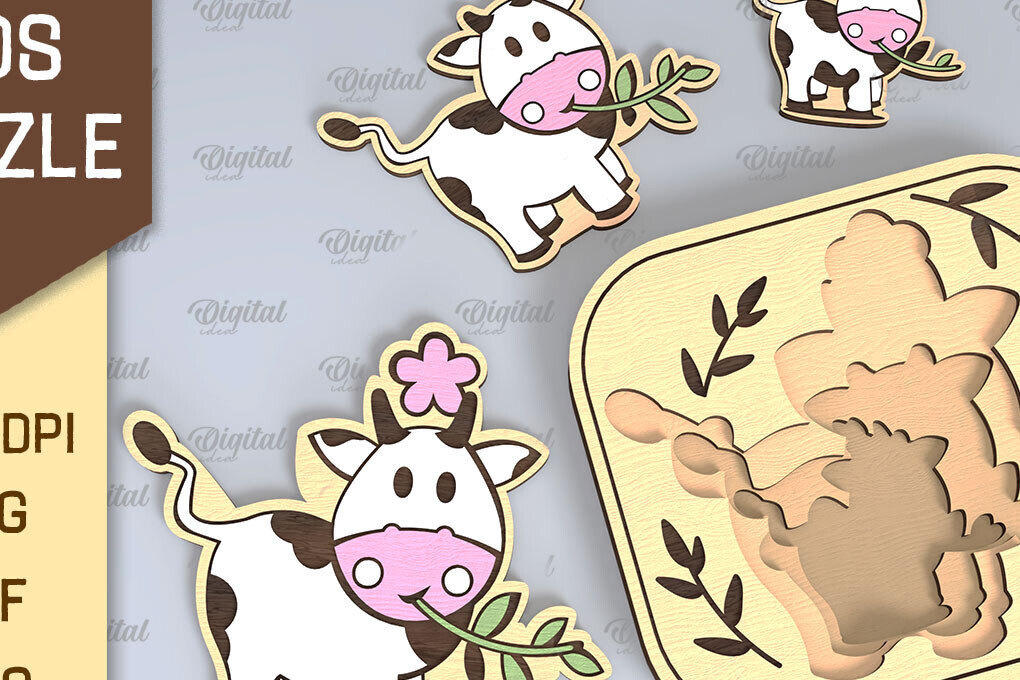 Intra απο ξύλο plywood  Χρώμα wenge 3mm-4mm πάχος - Cow Family Puzzle με λέιζερ Δίασταση 30x20 cm INTRAFABR-82391945