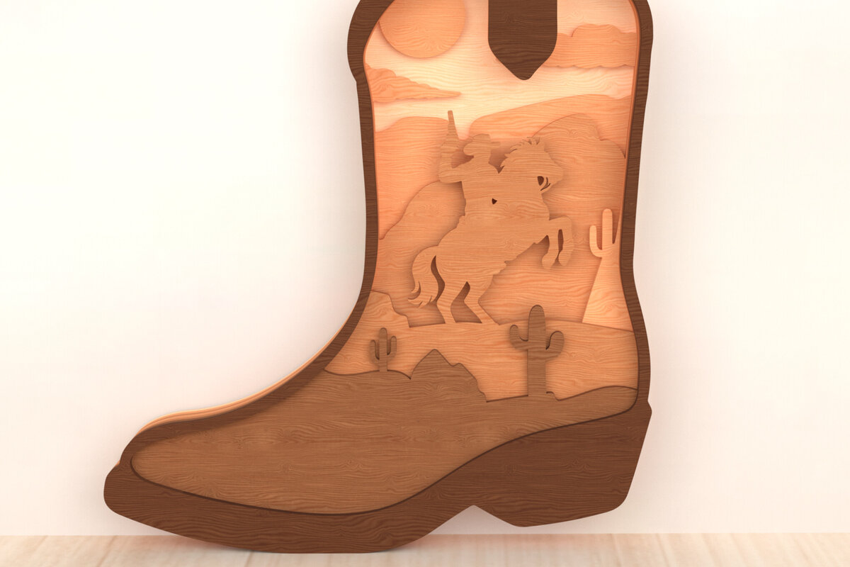 Intra απο ξύλο plywood  Χρώμα wenge 3mm-4mm πάχος - Τρισδιάστατη σκηνή άγριας δύσης Cowboy Boot Δίασταση 30x20 cm INTRAFABR-74438993