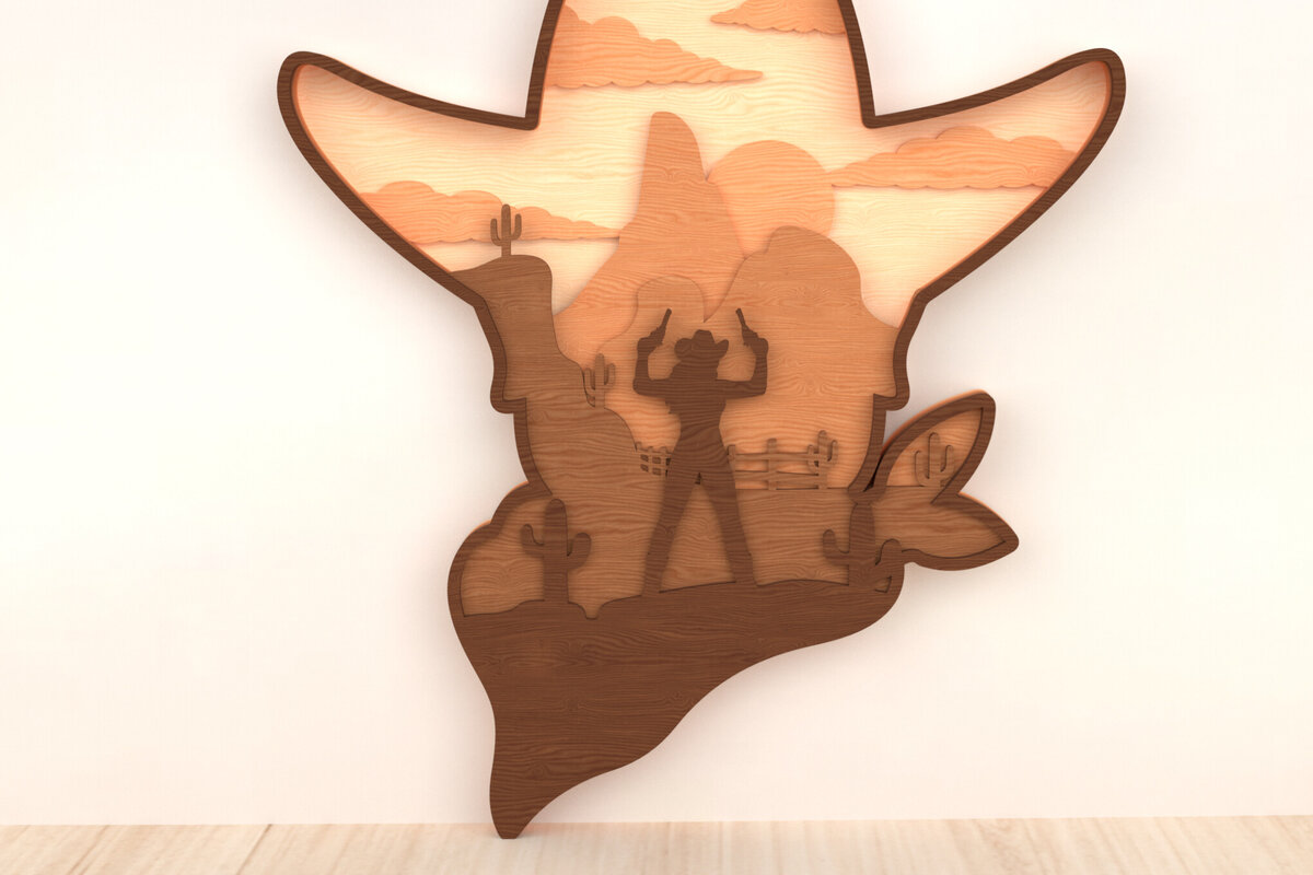 Intra απο ξύλο plywood  Χρώμα wenge 3mm-4mm πάχος - Cowboy Duel Wild West Layered Wall Art Δίασταση 40x50 cm INTRAFABR-110250166