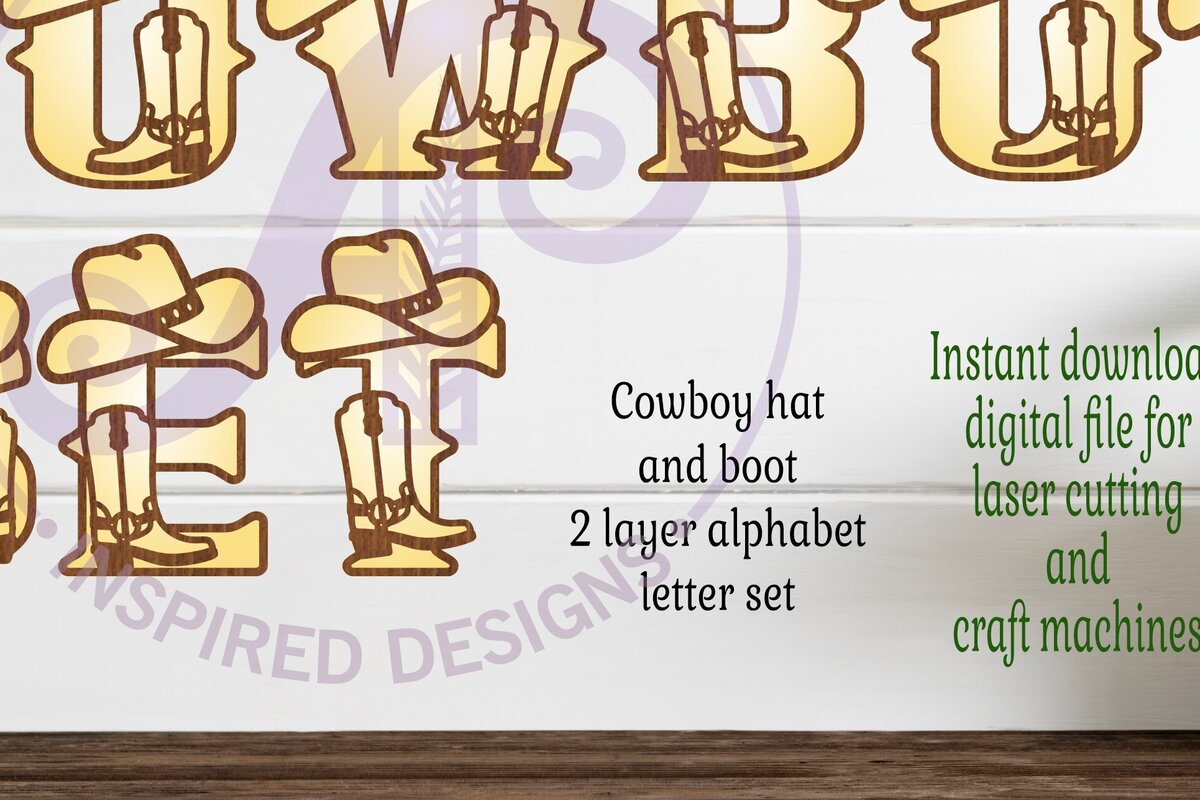 Intra απο ξύλο plywood  Χρώμα wenge 3mm-4mm πάχος - Σετ αλφαβήτου με καπέλο και μπότα γράμματα καουμπόη Δίασταση 30x20 cm INTRAFABR-57053941