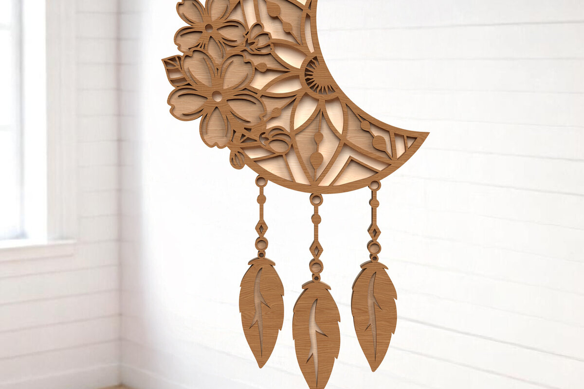 Σετ των 2 Intra απο ξύλο plywood  Χρώμα wenge 3mm-4mm πάχος - Crescent Moon Dreamcatcher Δίασταση 6x6 cm INTRAFABR-106749345