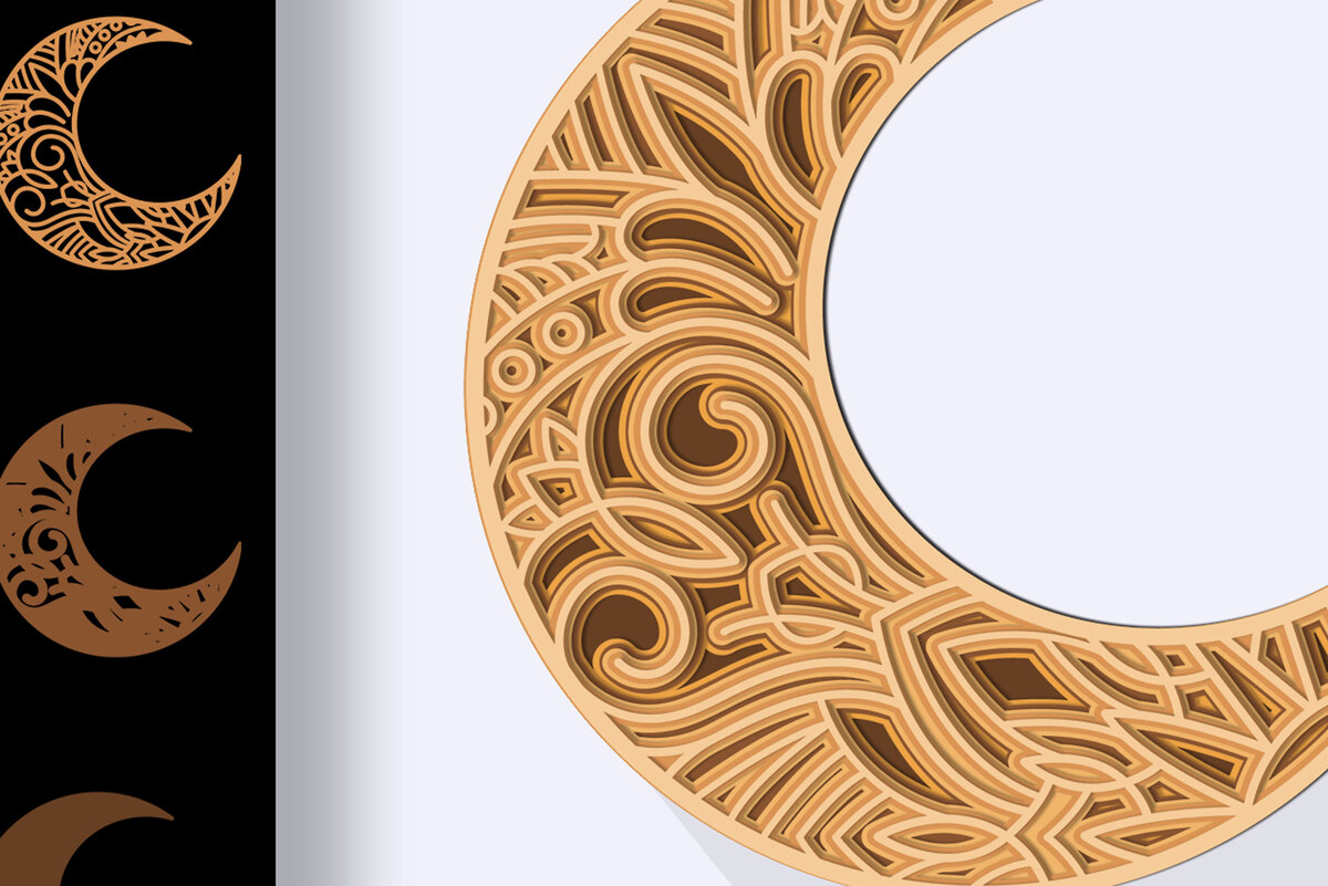 Intra απο ξύλο plywood  Χρώμα wenge 3mm-4mm πάχος - Crescent Moon Mandala 3D Multilayer Δίασταση 30x30 cm INTRAFABR-113392655