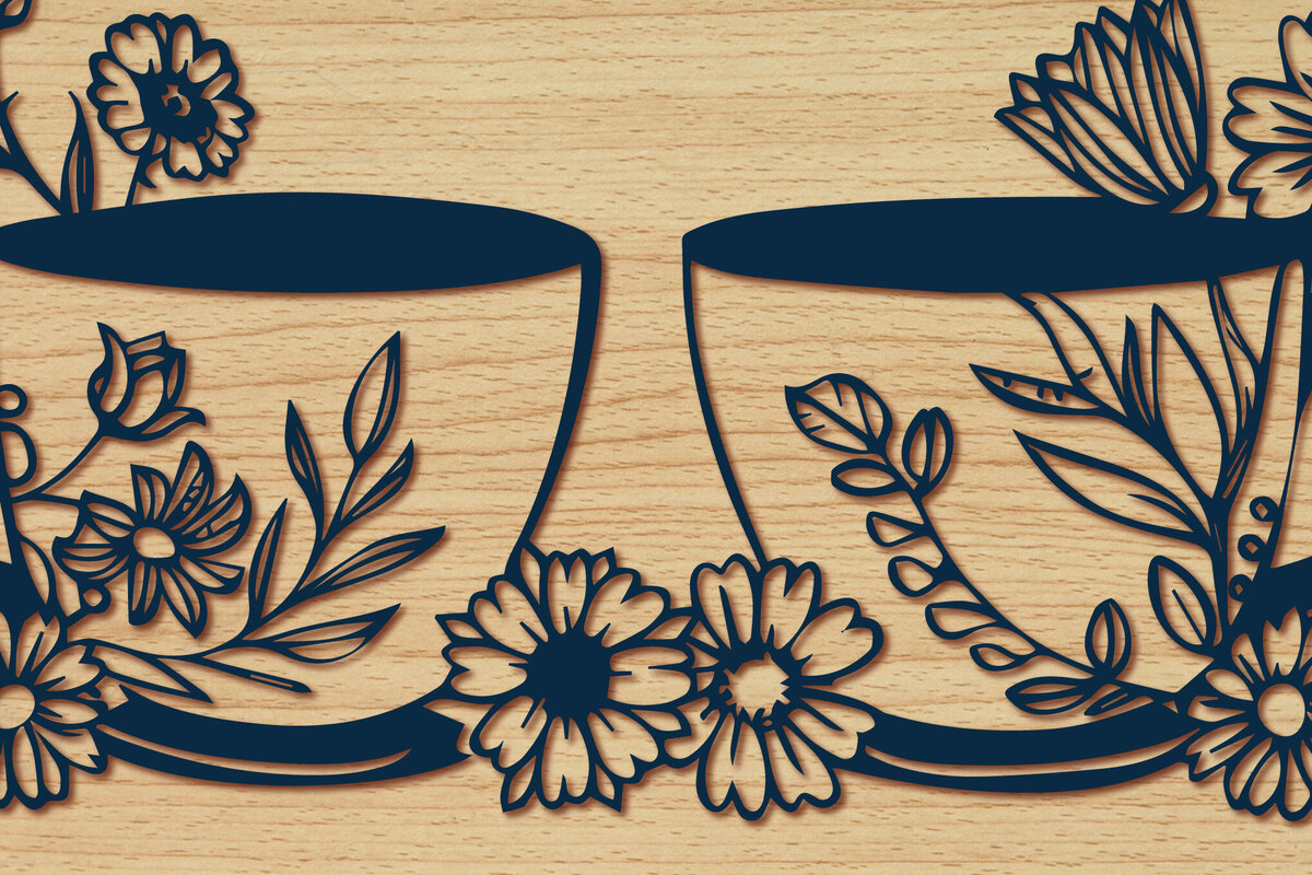 Σετ των 2 Intra απο ξύλο plywood  Χρώμα wenge 3mm-4mm πάχος - Σετ τσαγιού Cricut με λουλούδια Δίασταση 4x4 cm INTRAFABR-25987197