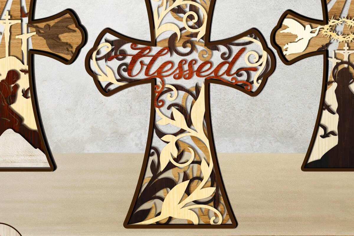 Σετ των 2 Intra απο ξύλο plywood  Χρώμα wenge 3mm-4mm πάχος - CROSS 3D Bundle Religious Layered Δίασταση 9x12 cm INTRAFABR-115432247