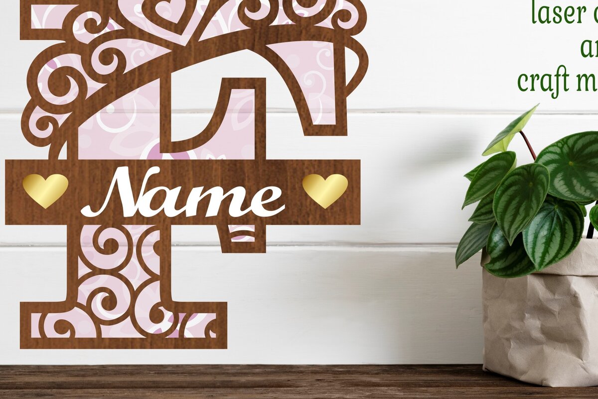 Intra απο ξύλο plywood  Χρώμα wenge 3mm-4mm πάχος - Μονόγραμμα με κεφαλαίο στέμμα Γράμμα F Δίασταση 30x20 cm INTRAFABR-70929734