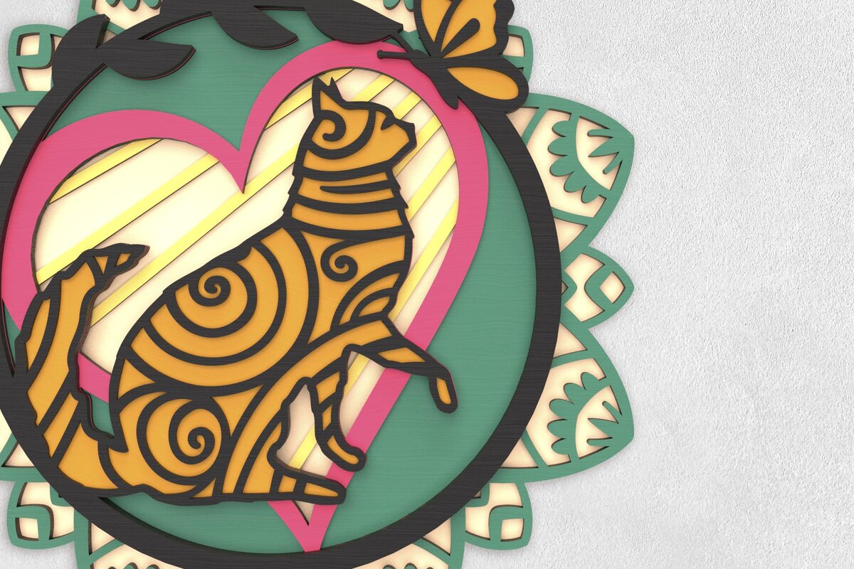 Intra απο ξύλο plywood  Χρώμα wenge 3mm-4mm πάχος - Περίεργη τέχνη με στρώματα γάτας και πεταλούδας Δίασταση 30x30 cm INTRAFABR-73220948