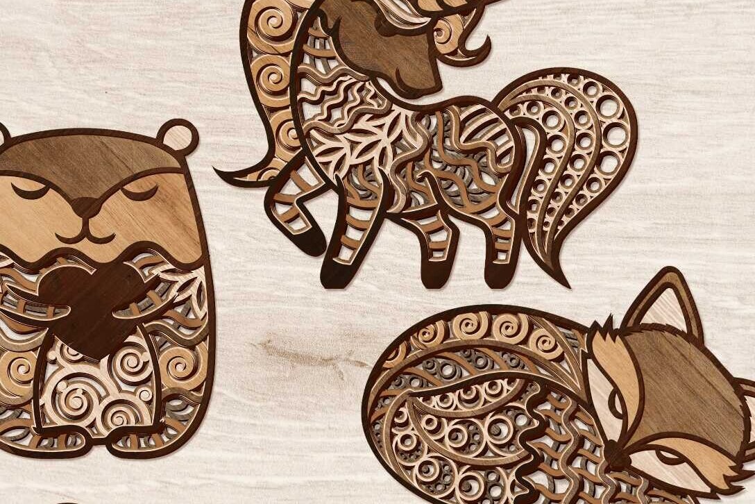 Σετ των 2 Intra απο ξύλο plywood  Χρώμα wenge 3mm-4mm πάχος - Πρότυπα δέσμης χαριτωμένα ζώα Δίασταση 14x8 cm INTRAFABR-124682515