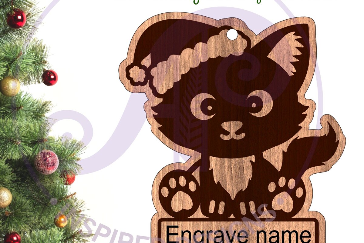 Σετ των 2 Intra απο ξύλο plywood  Χρώμα wenge 3mm-4mm πάχος - Χαριτωμένο χριστουγεννιάτικο στολίδι για γάτα Laser Δίασταση 6x6 cm INTRAFABR-122513402