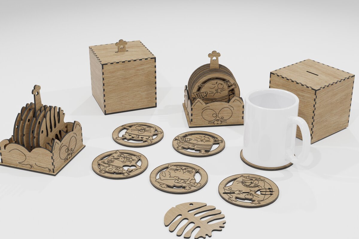 Σετ των 2 Intra απο ξύλο plywood  Χρώμα wenge 3mm-4mm πάχος - Cute Cat Drink Coasters Διακοσμητικό τραπεζιού Δίασταση 4x4 cm INTRAFABR-111628289