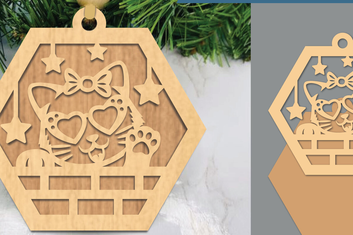 Σετ των 2 Intra απο ξύλο plywood  Χρώμα wenge 3mm-4mm πάχος - Cute Cat Στολίδι 1 Δίασταση 6x6 cm INTRAFABR-78989801